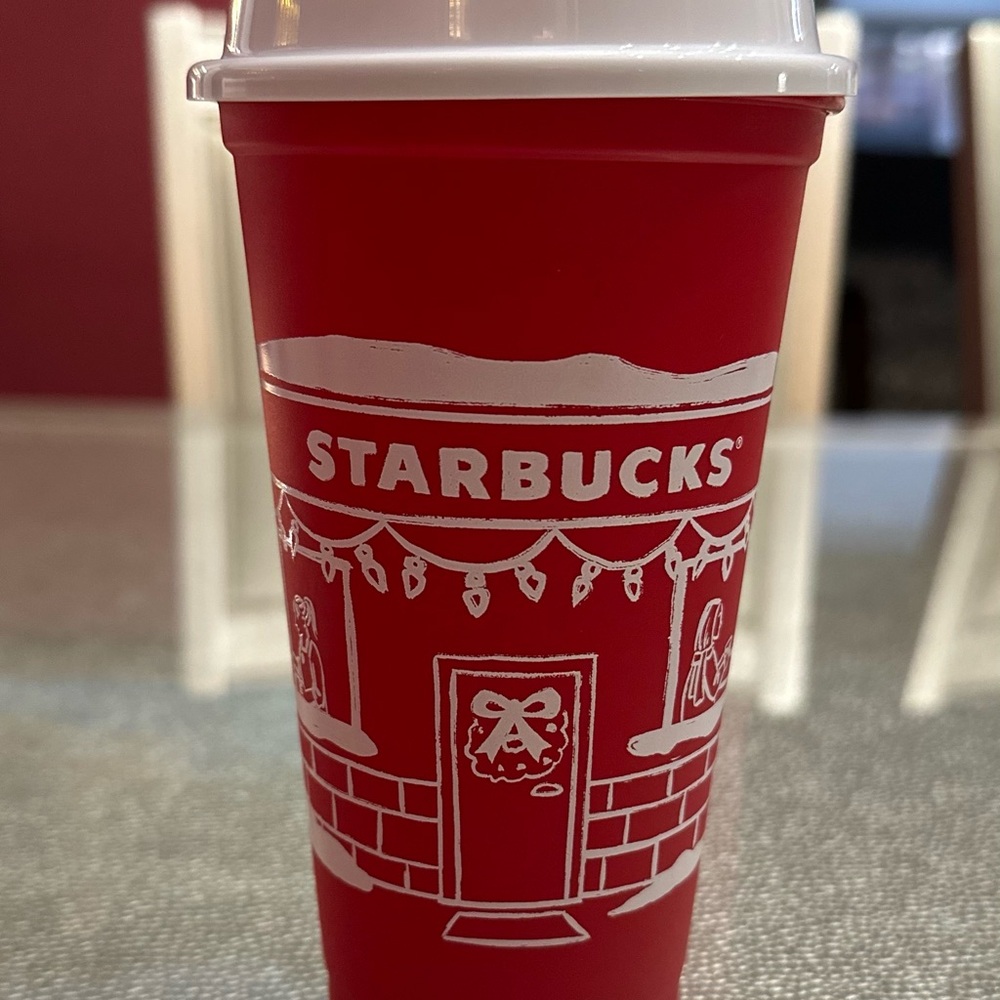 TWO Starbucks Festive Red Cups with White Design